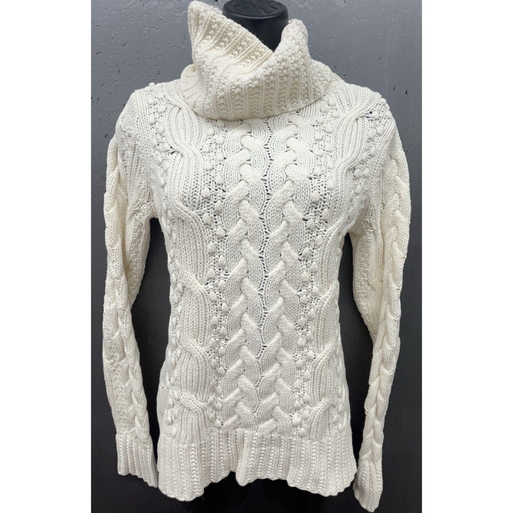 Banana‎ Republic Sweater Women S White Cable Knit Turtleneck Coastal Prep Cozy